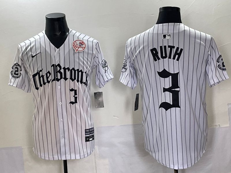 Men 2025 New York Yankees #3 Ruth White Stripe Five generations Joint Name Nike MLB Jersey style 06